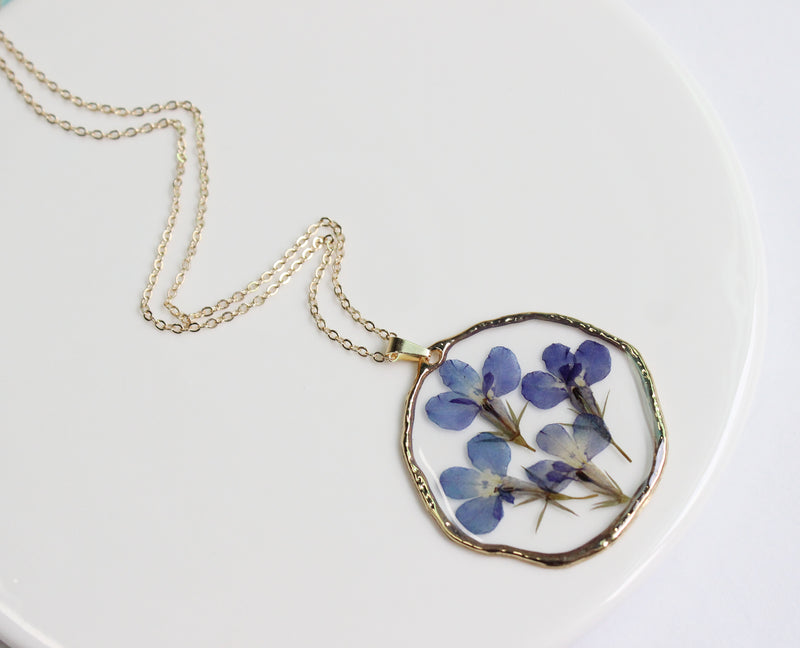 1pcs Handmade Blue flower pressed flower pendant necklace jewelry