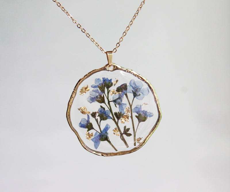 1pcs Handmade Forget-me-not gold leaf pressed flower pendant necklace jewelry