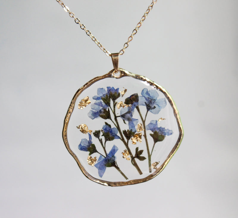 1pcs Gold foil pressed flower necklace, forget me not pressed flower pendant jewelry