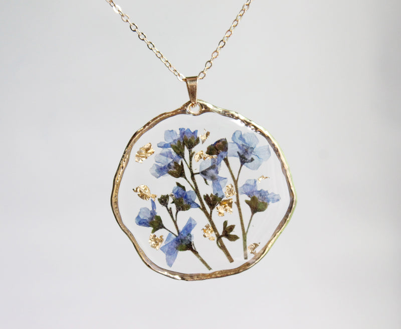 1pcs Handmade Forget-me-not gold leaf pressed flower pendant necklace jewelry