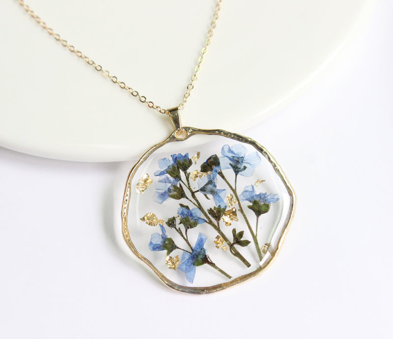 1pcs Handmade Forget-me-not gold leaf pressed flower pendant necklace jewelry