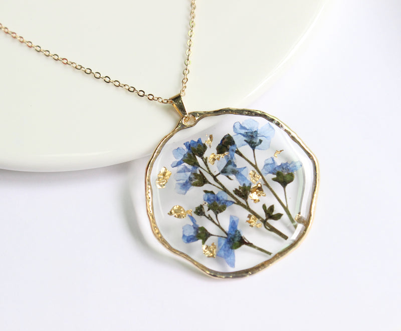 1pcs Gold foil pressed flower necklace, forget me not pressed flower pendant jewelry