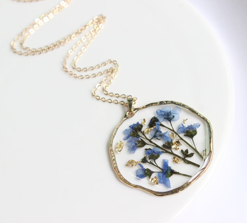 1pcs Handmade Forget-me-not gold leaf pressed flower pendant necklace jewelry