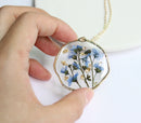 1pcs Handmade Forget-me-not gold leaf pressed flower pendant necklace jewelry