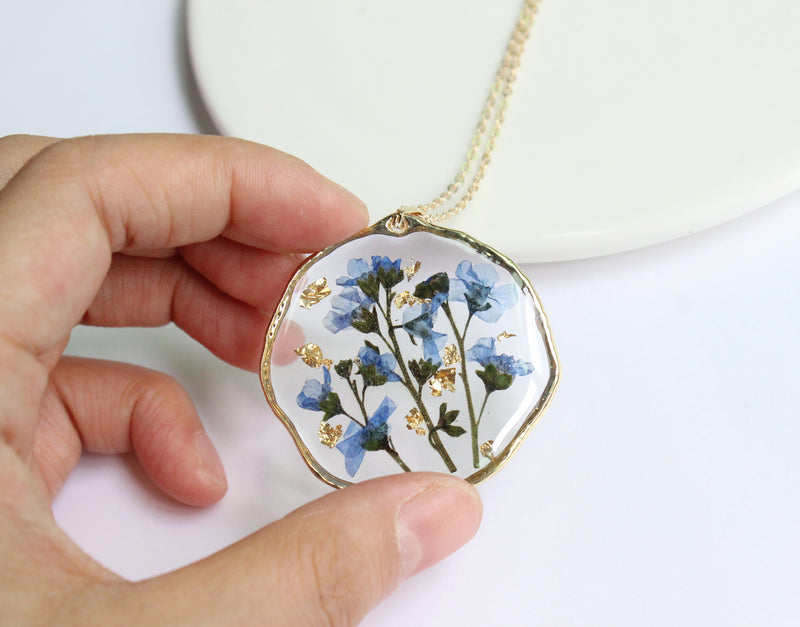 1pcs Gold foil pressed flower necklace, forget me not pressed flower pendant jewelry