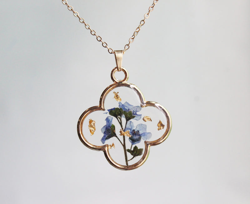 1pcs  Handmade Gold leaf and forget-me-not dried flowers pressed flower pendant jewelry