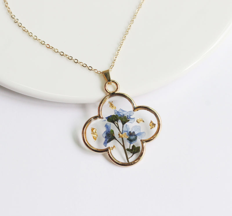 1pcs  Handmade Gold leaf and forget-me-not dried flowers pressed flower pendant jewelry