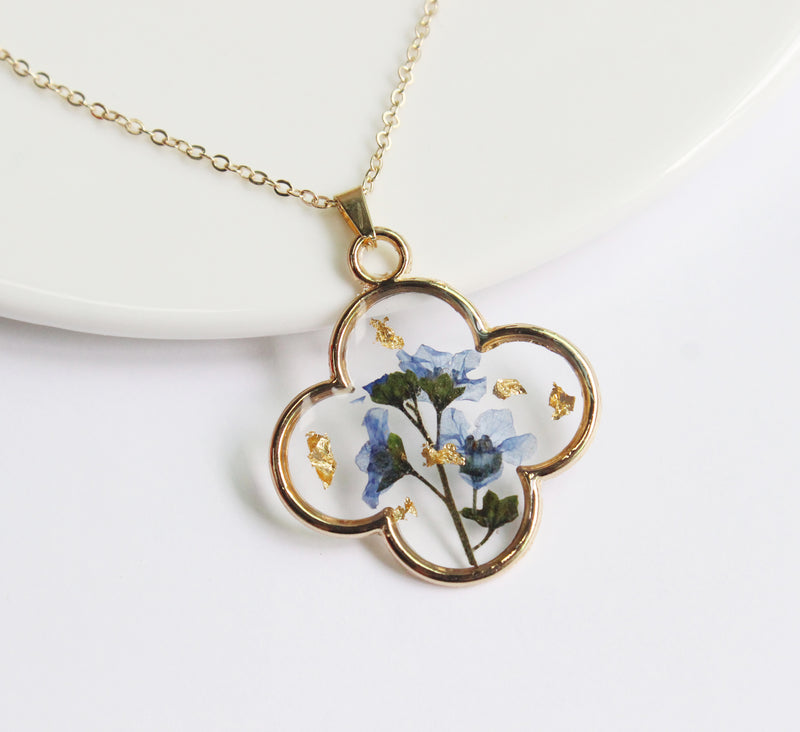 1pcs  Handmade Gold leaf and forget-me-not dried flowers pressed flower pendant jewelry