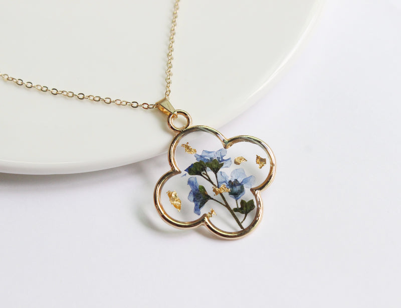 1pcs  Handmade Gold leaf and forget-me-not dried flowers pressed flower pendant jewelry