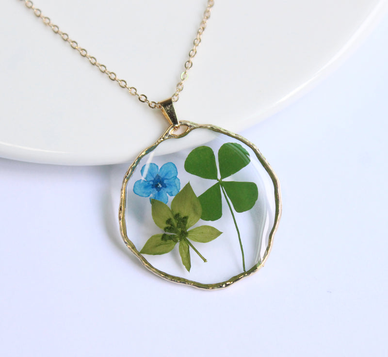 1pcs Four leaf clover pressed flower Pendant Necklace