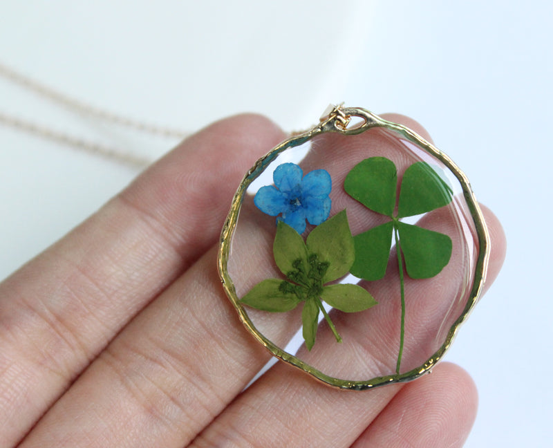 1pcs Four leaf clover pressed flower Pendant Necklace