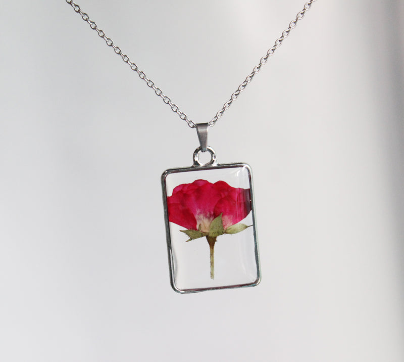 1pcs Handmade Rose pressed flower pendant necklace jewelry Rectangle 21x34mm