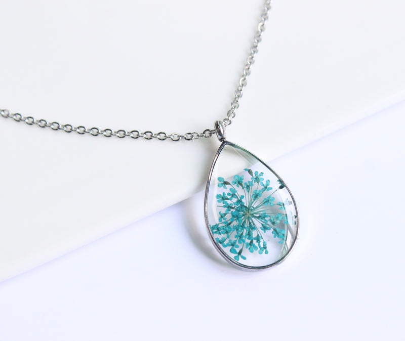 1pcs Teardrop pressed flower pendant necklace