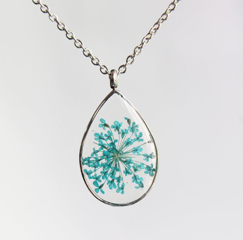 1pcs Teardrop pressed flower pendant necklace