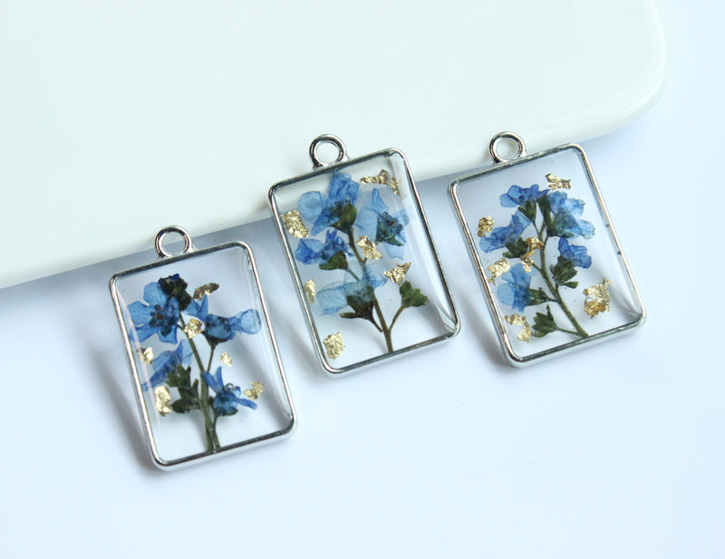 1pcs Handmade Forget-me-not and gold leaf pressed flower pendant jewelry Rectangle 21x34mm