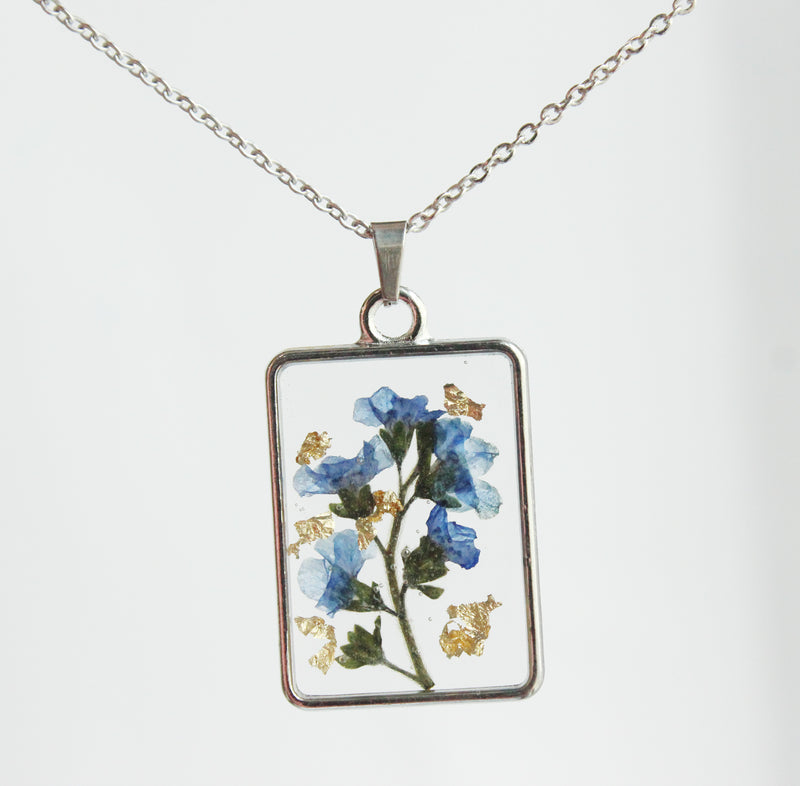 1pcs Handmade Forget-me-not and gold leaf pressed flower pendant necklace jewelry Rectangle 21x34mm