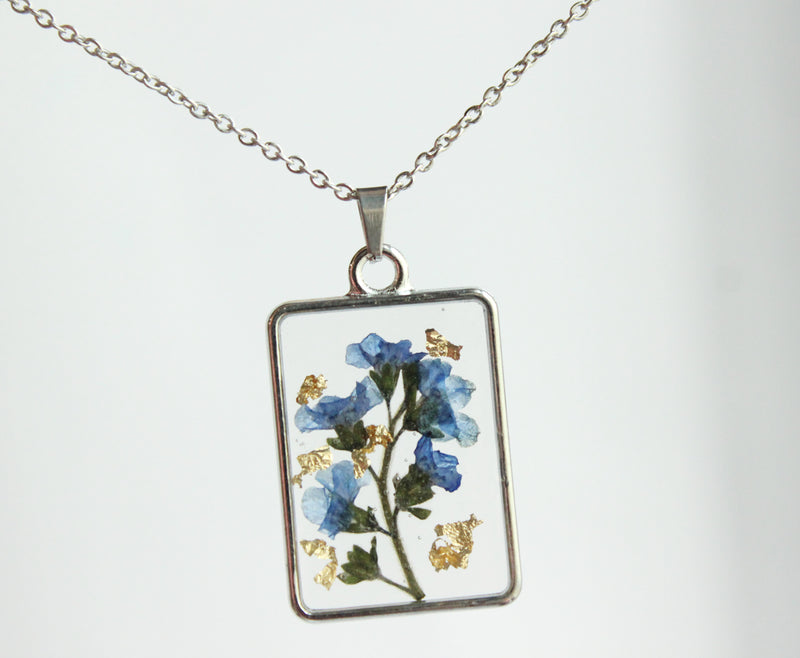 1pcs Handmade Forget-me-not and gold leaf pressed flower pendant necklace jewelry Rectangle 21x34mm