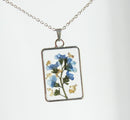 1pcs Handmade Forget-me-not and gold leaf pressed flower pendant necklace jewelry Rectangle 21x34mm