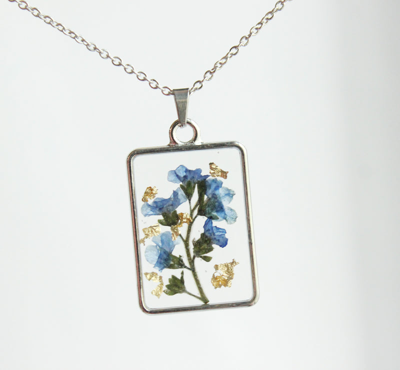 1pcs Handmade Forget-me-not and gold leaf pressed flower pendant necklace jewelry Rectangle 21x34mm