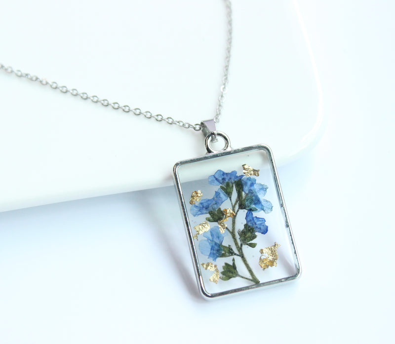 1pcs Handmade Forget-me-not and gold leaf pressed flower pendant necklace jewelry Rectangle 21x34mm