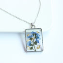 1pcs Handmade Forget-me-not and gold leaf pressed flower pendant necklace jewelry Rectangle 21x34mm