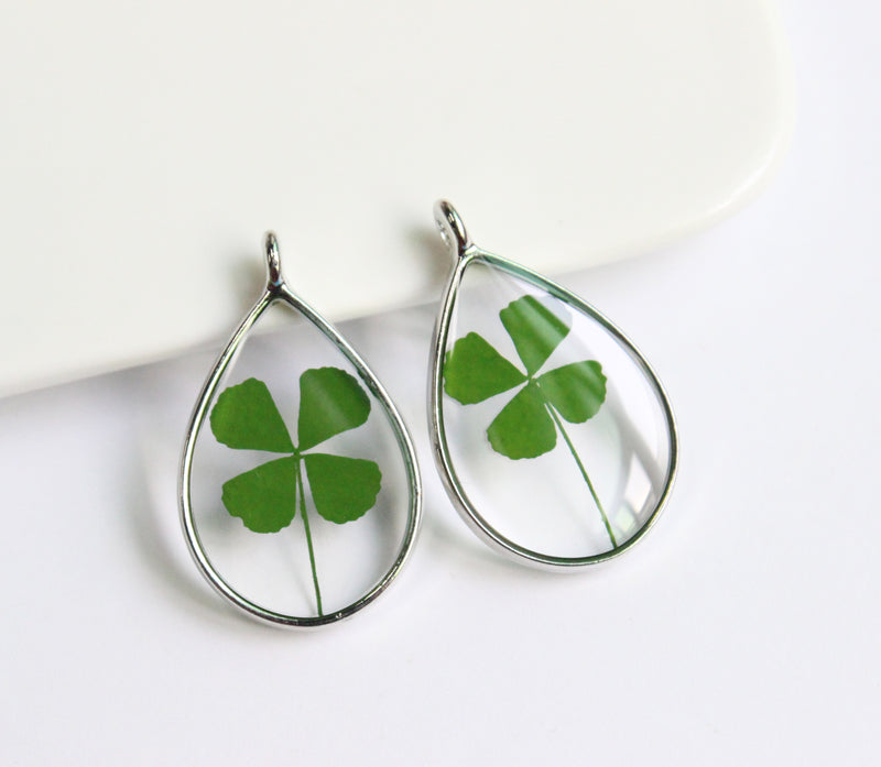 1pcs Teardrop Four leaf clover pressed flower pendant necklace