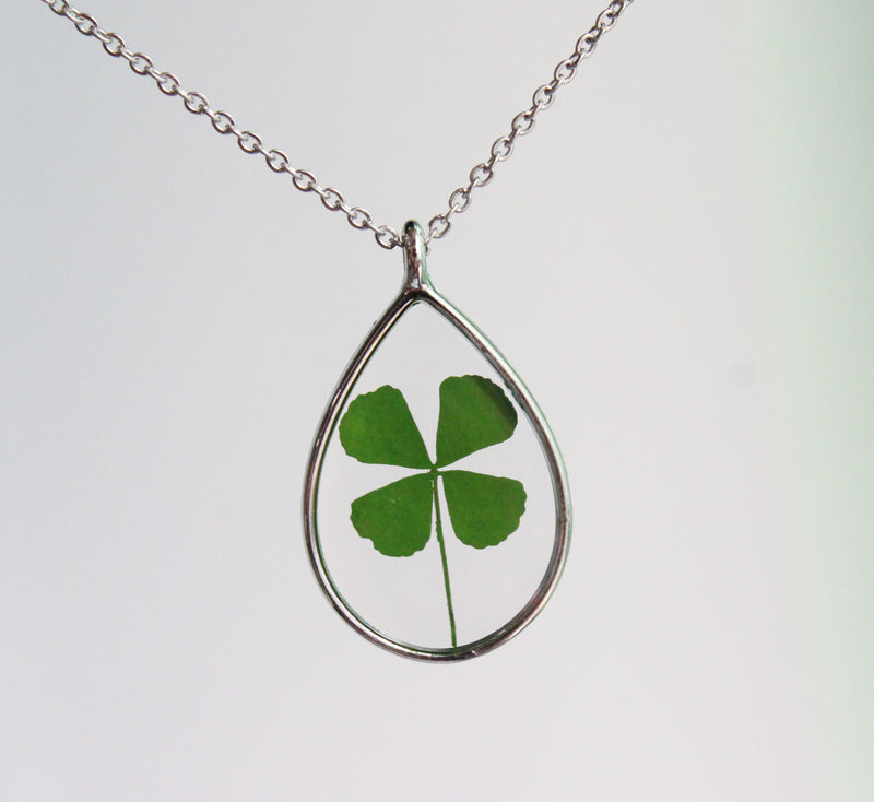 1pcs Teardrop Four leaf clover pressed flower pendant necklace