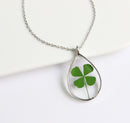 1pcs Teardrop Four leaf clover pressed flower pendant necklace