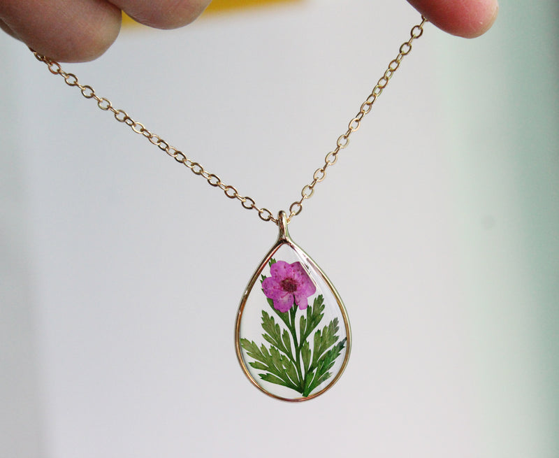 1pcs Teardrop pressed flower pendant necklace