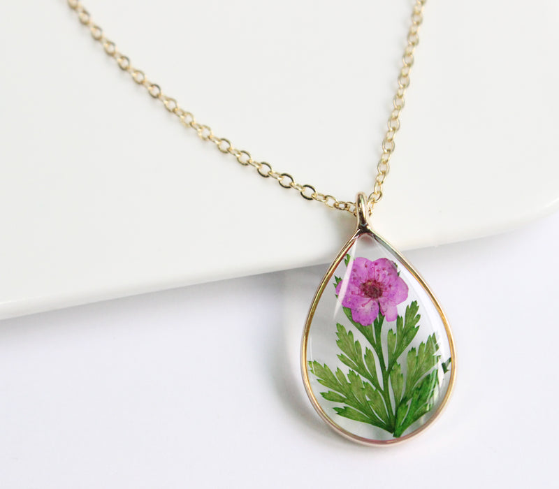 1pcs Teardrop pressed flower pendant necklace