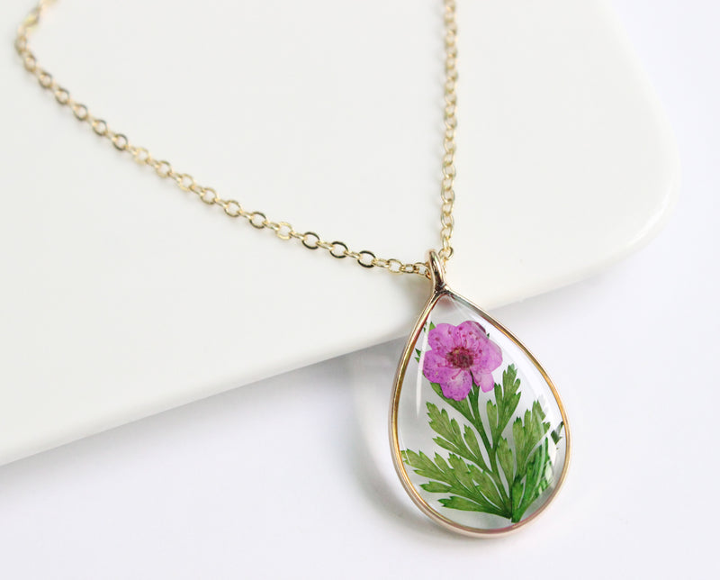 1pcs Teardrop pressed flower pendant necklace