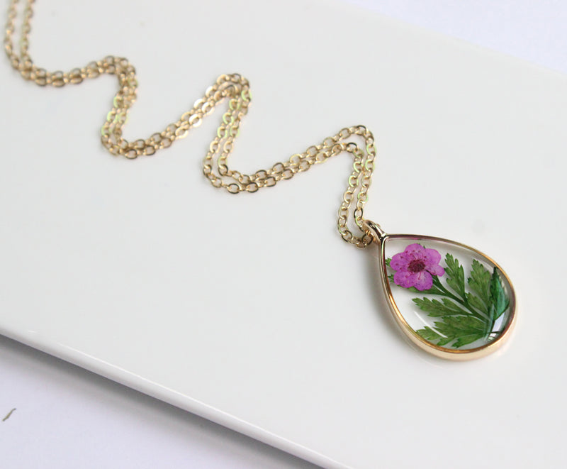 1pcs Teardrop pressed flower pendant necklace