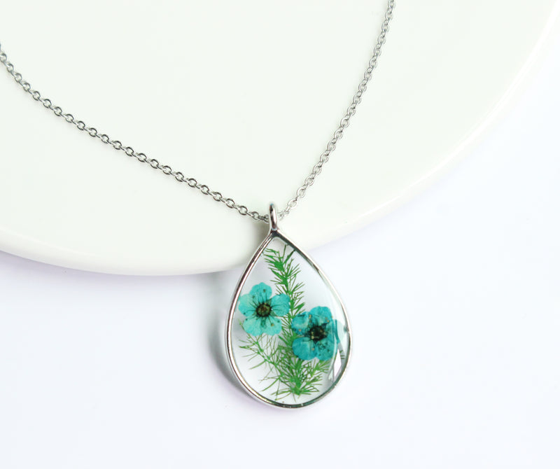 1pcs Teardrop pressed flower pendant necklace