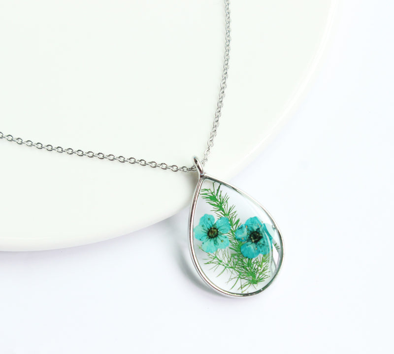 1pcs Teardrop pressed flower pendant necklace