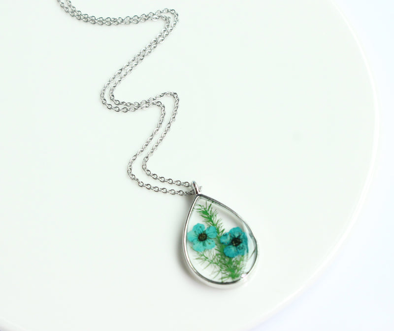 1pcs Teardrop pressed flower pendant necklace