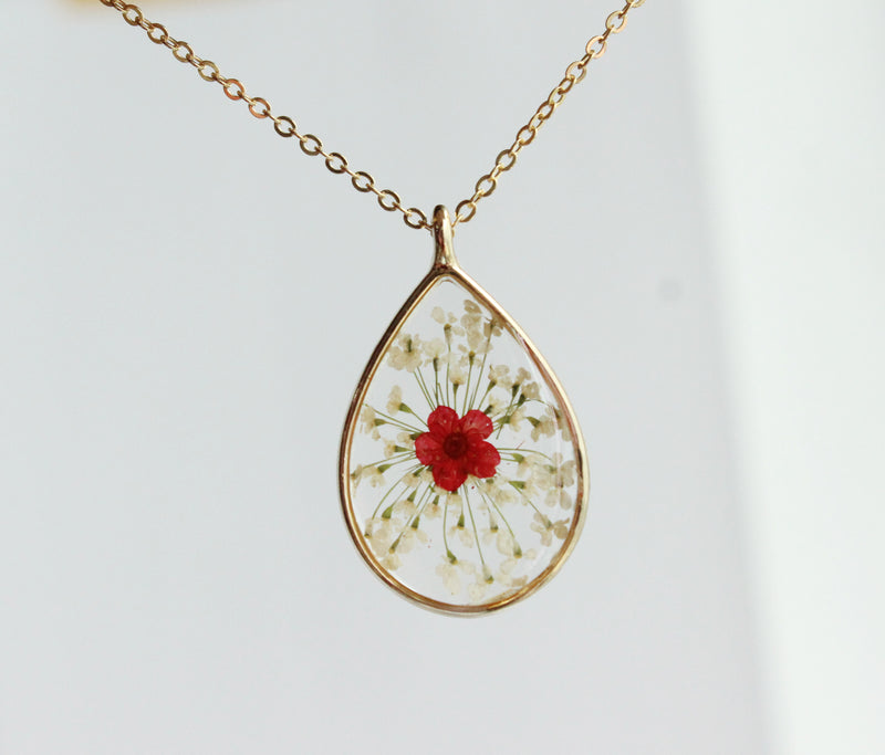 1pcs Teardrop Lace flower pressed flower pendant necklace