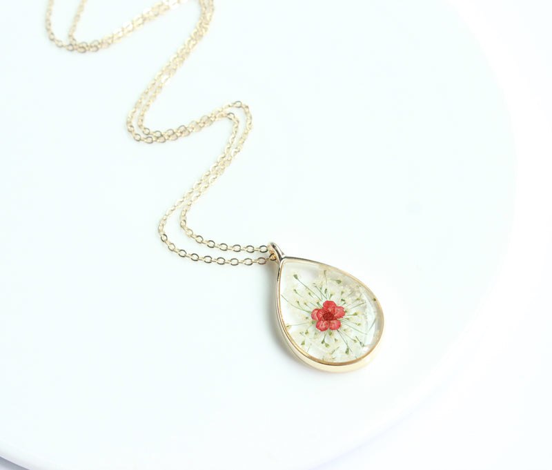 1pcs Teardrop pressed flower pendant necklace