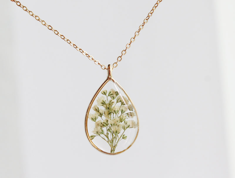 1pcs Teardrop pressed flower pendant necklace