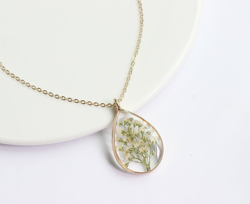 1pcs Teardrop pressed flower pendant necklace