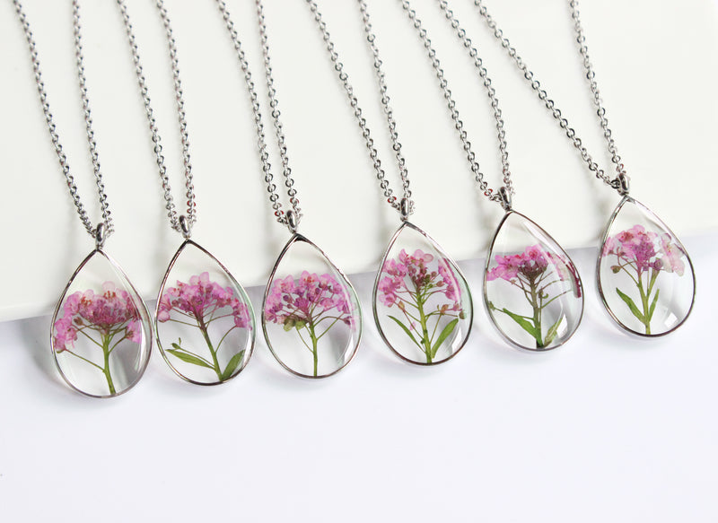 1pcs  Teardrop Resin pressed flower pendant necklace, Real dried flower jewelry