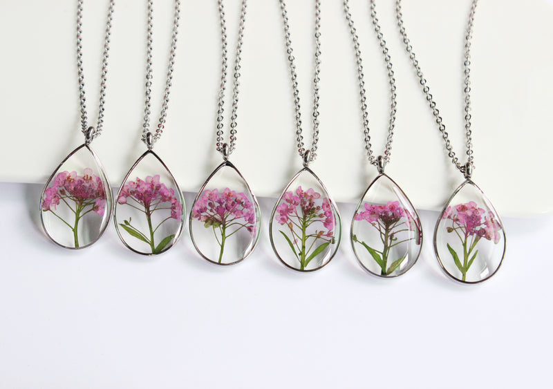 1pcs  Teardrop Resin pressed flower pendant necklace, Real dried flower jewelry