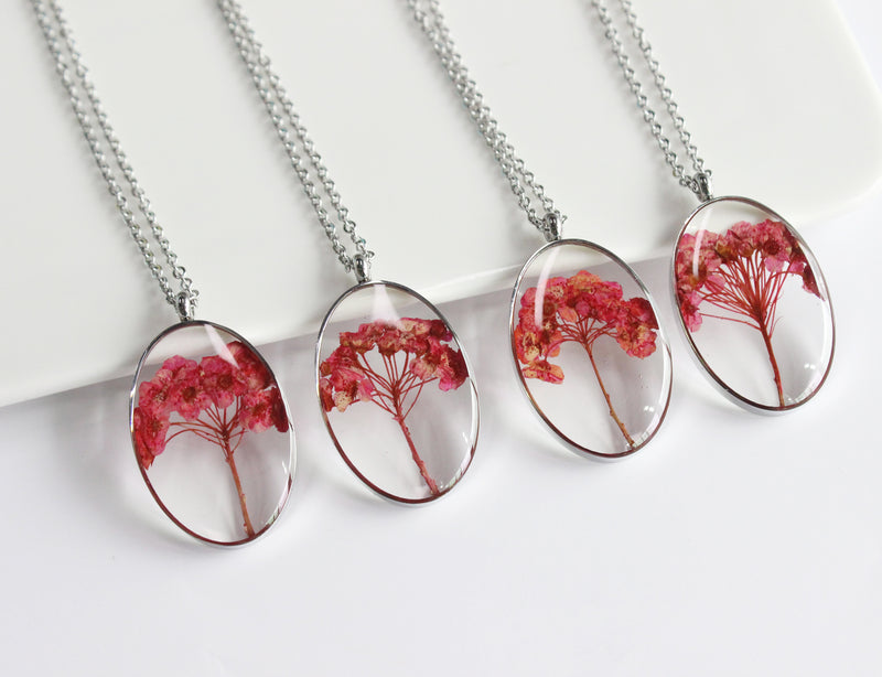 1pcs Oval red flower Handmade Leaves pressed flower pendant necklace