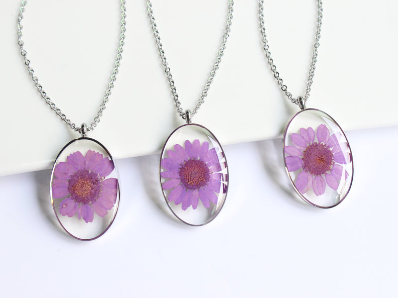 1pcs Oval Chrysanthemum purple flower pressed flower pendant necklace