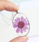 1pcs Oval Chrysanthemum purple flower pressed flower pendant necklace