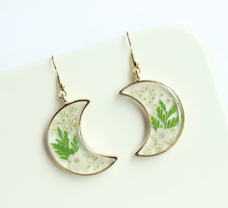 1pcs Crescent moon Pressed Flower Pendant necklace Earrings,