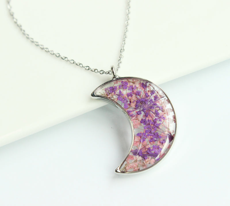 1pcs Crescent moon Pressed Flower Pendant necklace Earrings