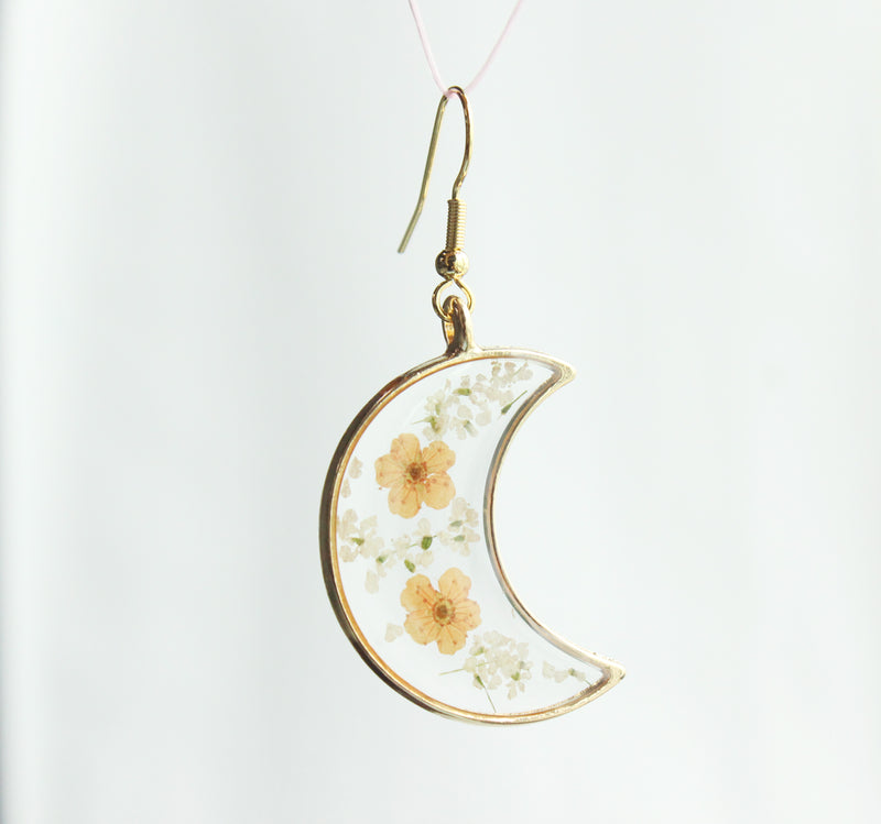 1pcs Crescent moon Pressed Flower Pendant necklace Earrings