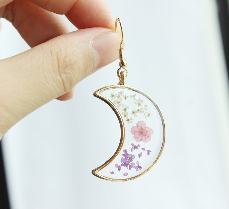 1pcs Crescent moon Pressed Flower Pendant necklace Earrings