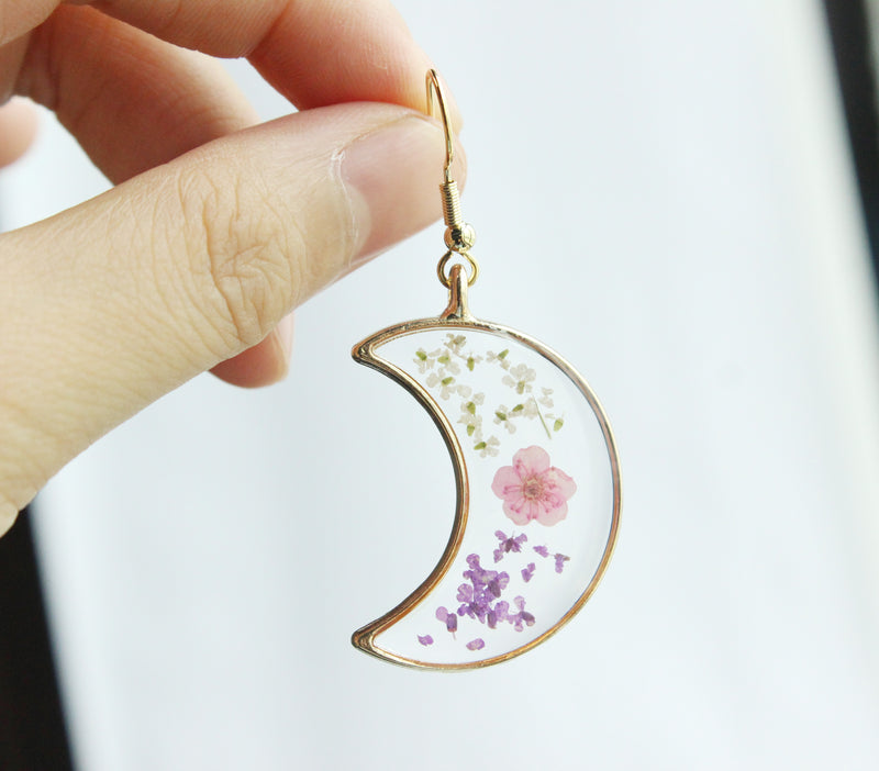 1pcs Crescent moon Pressed Flower Pendant necklace Earrings