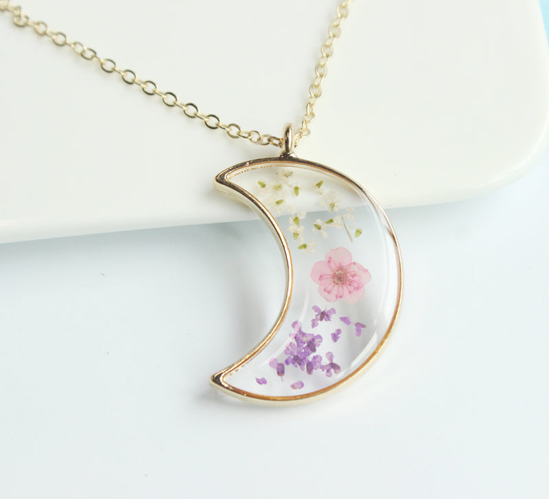 1pcs Crescent moon Pressed Flower Pendant necklace Earrings